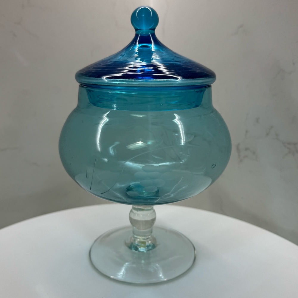 Vintage Blue Glass Covered Compote Jar w Lid–Etched Floral Pedestal Candy Dish